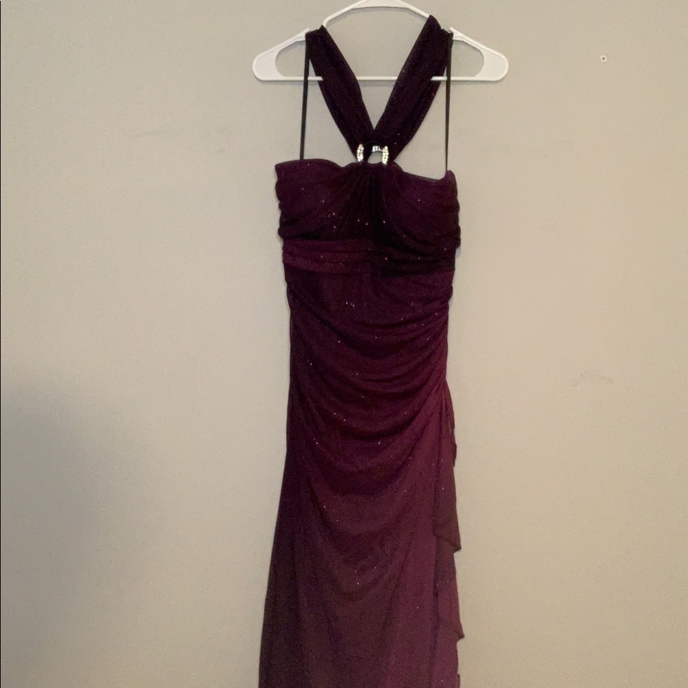 formal purple sparkly dress with halter top